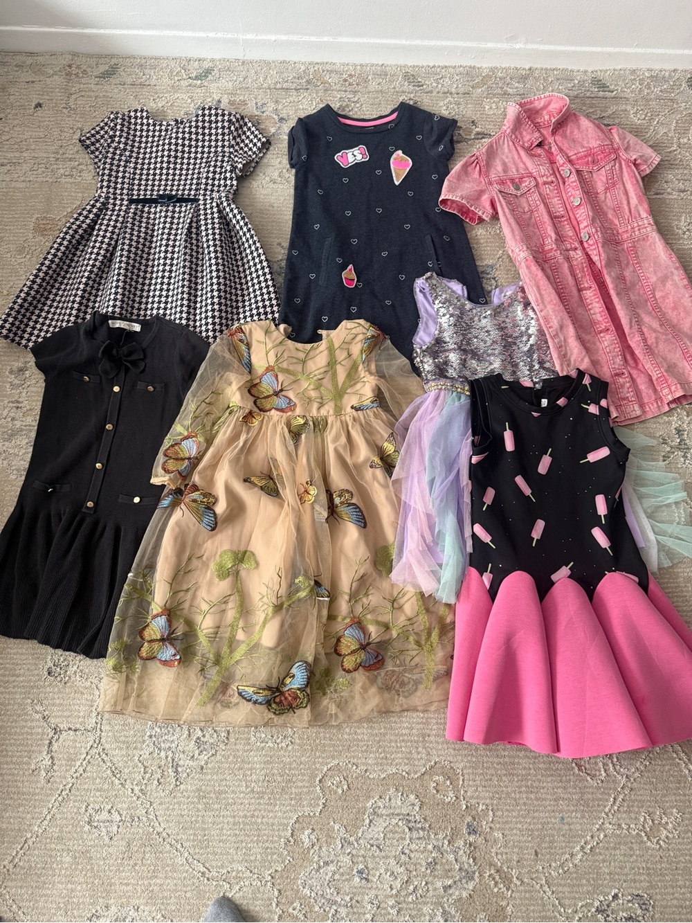 Girls Mixed Dress Bundle - Butterfly, Pink Skater, Black & Houndstooth Styles